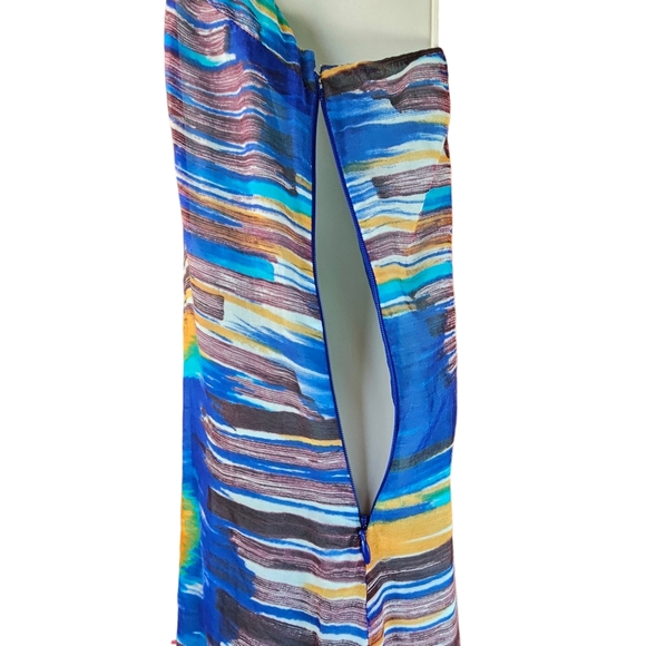 FREE PEOPLE Silk Beads Rhinestones Ruffles Blue & Orange Watercolor Halter Dress - Picture 12 of 16